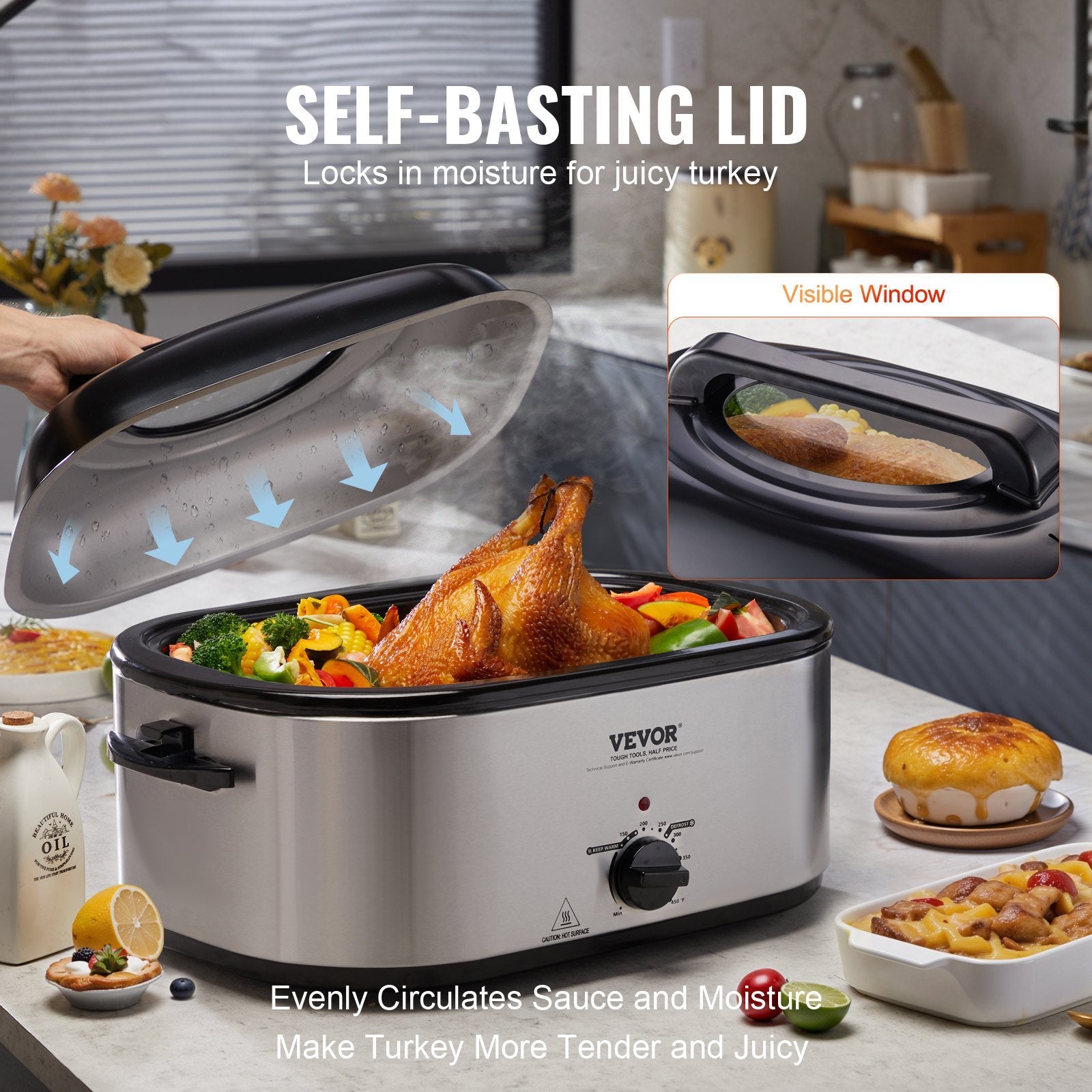 Electric Roaster Oven, 24 QT Turkey Roaster Oven With Self-Basting Lid, 1450W Roaster Oven With Defrost & Warm Function, Adjustable Temp, Removable Pan & Rack, Fits Turkeys Up To 28LBS, Silver
