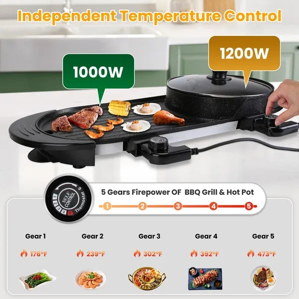 2 In 1 Electric Hot Pot With BBQ Grill Cooker 2200W Smokeless Non-Stick Korean BBQ Grill Shabu Shabu Hot Pot With Independent Temperature Control 5 Gears Firepower For 2-10 People