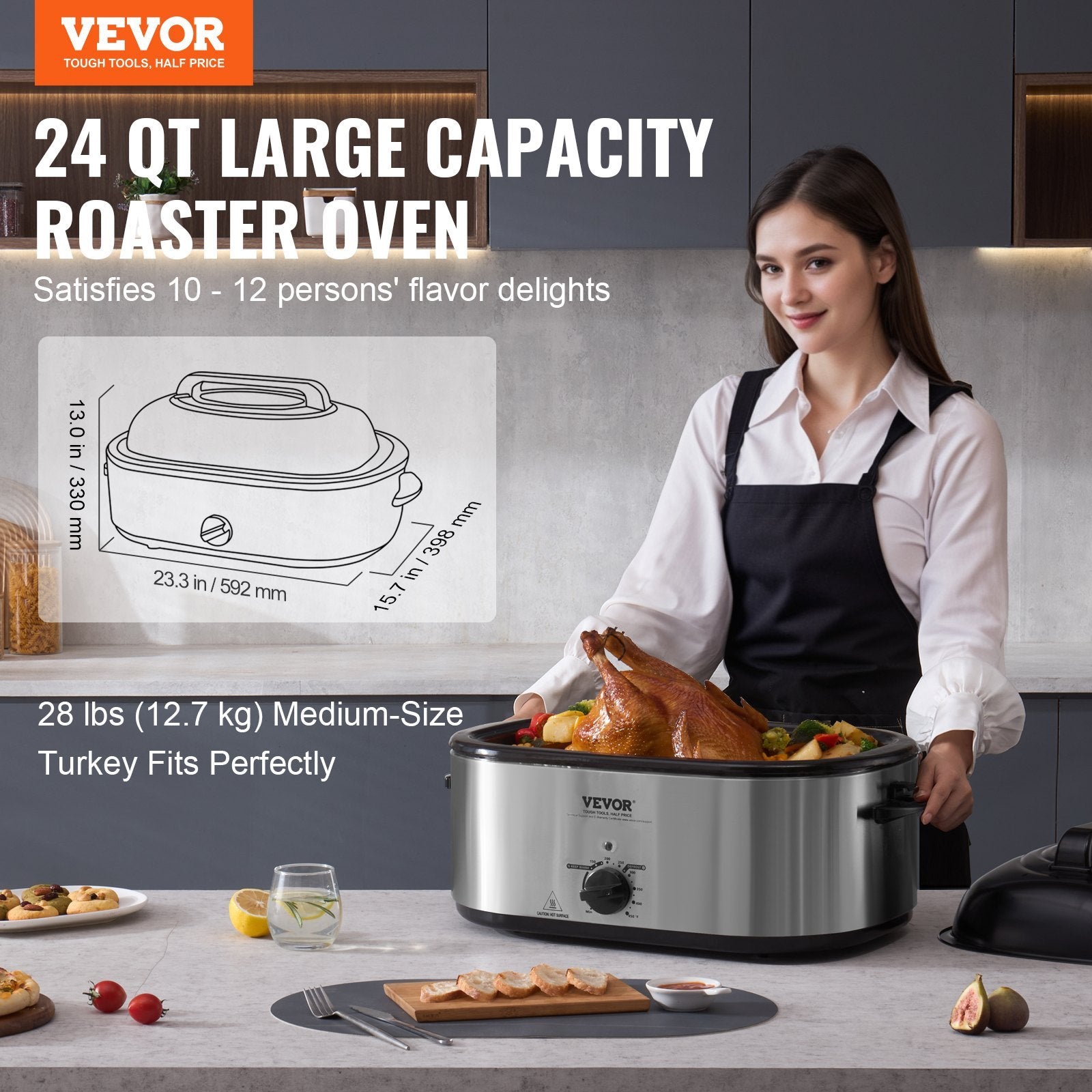 Electric Roaster Oven, 24 QT Turkey Roaster Oven With Self-Basting Lid, 1450W Roaster Oven With Defrost & Warm Function, Adjustable Temp, Removable Pan & Rack, Fits Turkeys Up To 28LBS, Silver