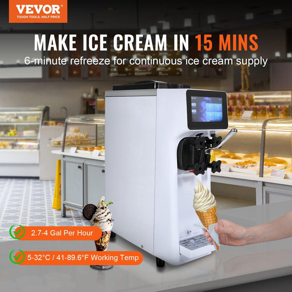Commercial Ice Cream Machine, 10.6 QT/H Yield, 1000W Single Flavor Countertop Soft Serve Ice Cream Maker, 4L Hopper 1.6L Cylinder, Touch Screen Auto Clean Pre-cooling, For Restaurant Snack Bar