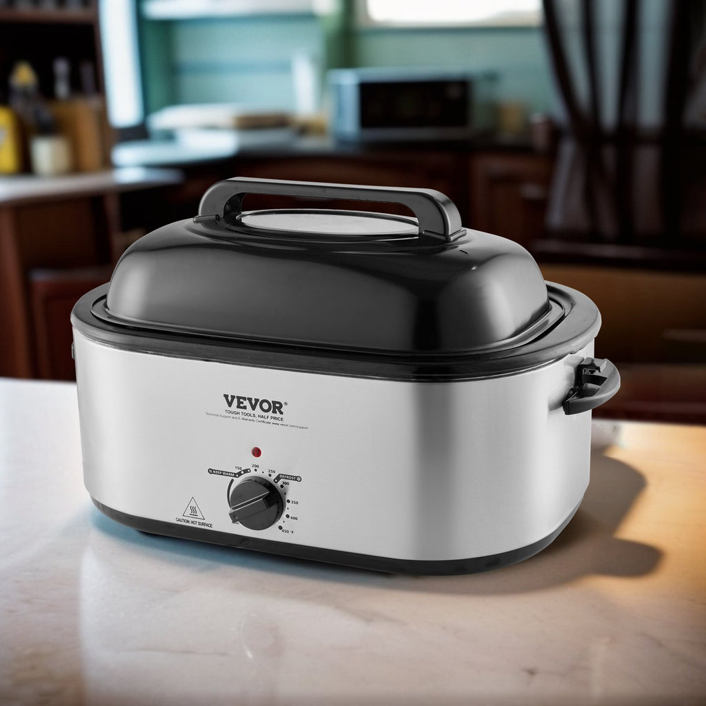 Electric Roaster Oven, 24 QT Turkey Roaster Oven With Self-Basting Lid, 1450W Roaster Oven With Defrost & Warm Function, Adjustable Temp, Removable Pan & Rack, Fits Turkeys Up To 28LBS, Silver