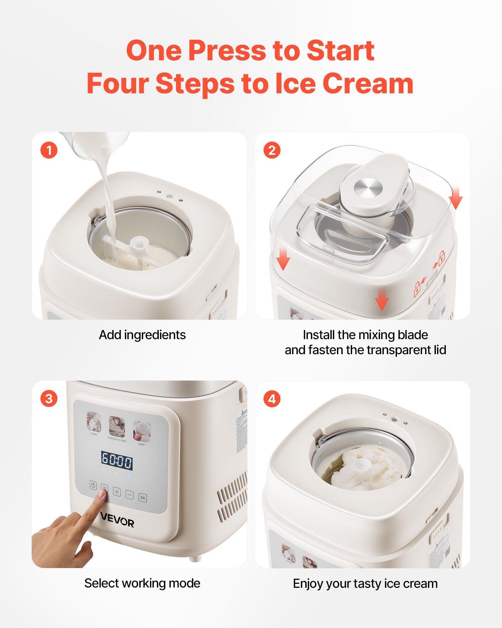 1 Quart Automatic Ice Cream Maker With Built-in Compressor No Pre-freezing