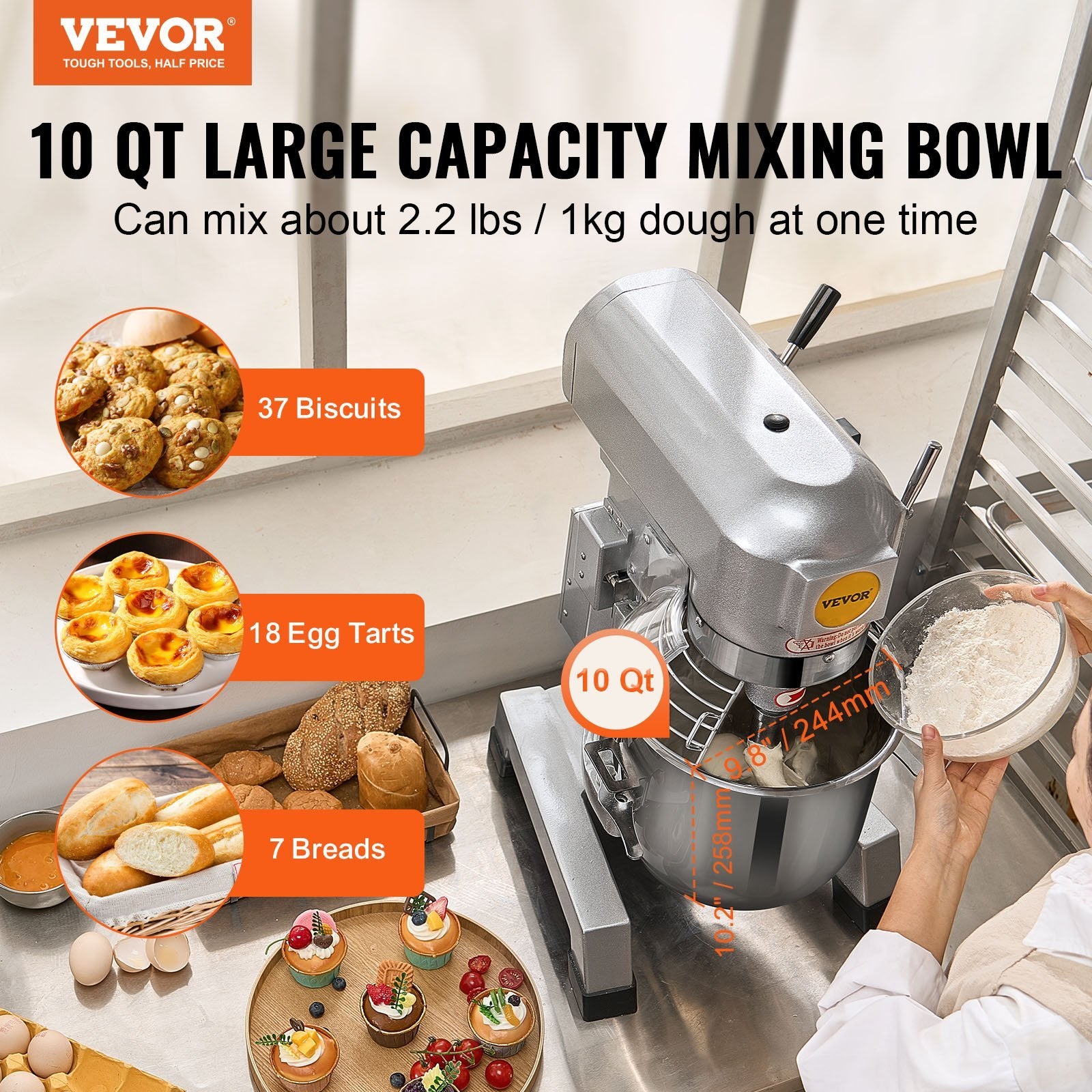 Commercial Food Mixer 10L 3-Speed Stand Dough Mixer 550W For Restaurant