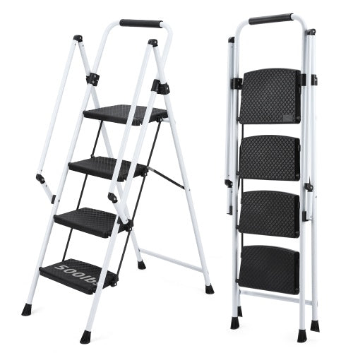 White Four-step Ladder, Light Folding Four-step Stool, Wide Anti-skid Pedal And Safety Handle, Strong Steel Ladder, Multi-purpose Ladder, Applicable To Family, Kitchen, Office Elevator