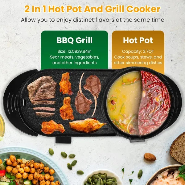 2 In 1 Electric Hot Pot With BBQ Grill Cooker 2200W Smokeless Non-Stick Korean BBQ Grill Shabu Shabu Hot Pot With Independent Temperature Control 5 Gears Firepower For 2-10 People