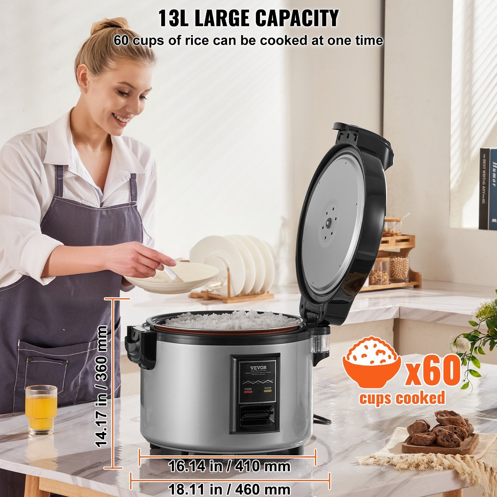 Commercial Rice Cooker 60-Cup Non-Stick Pot 13L 12H Keep Warm Restaurant