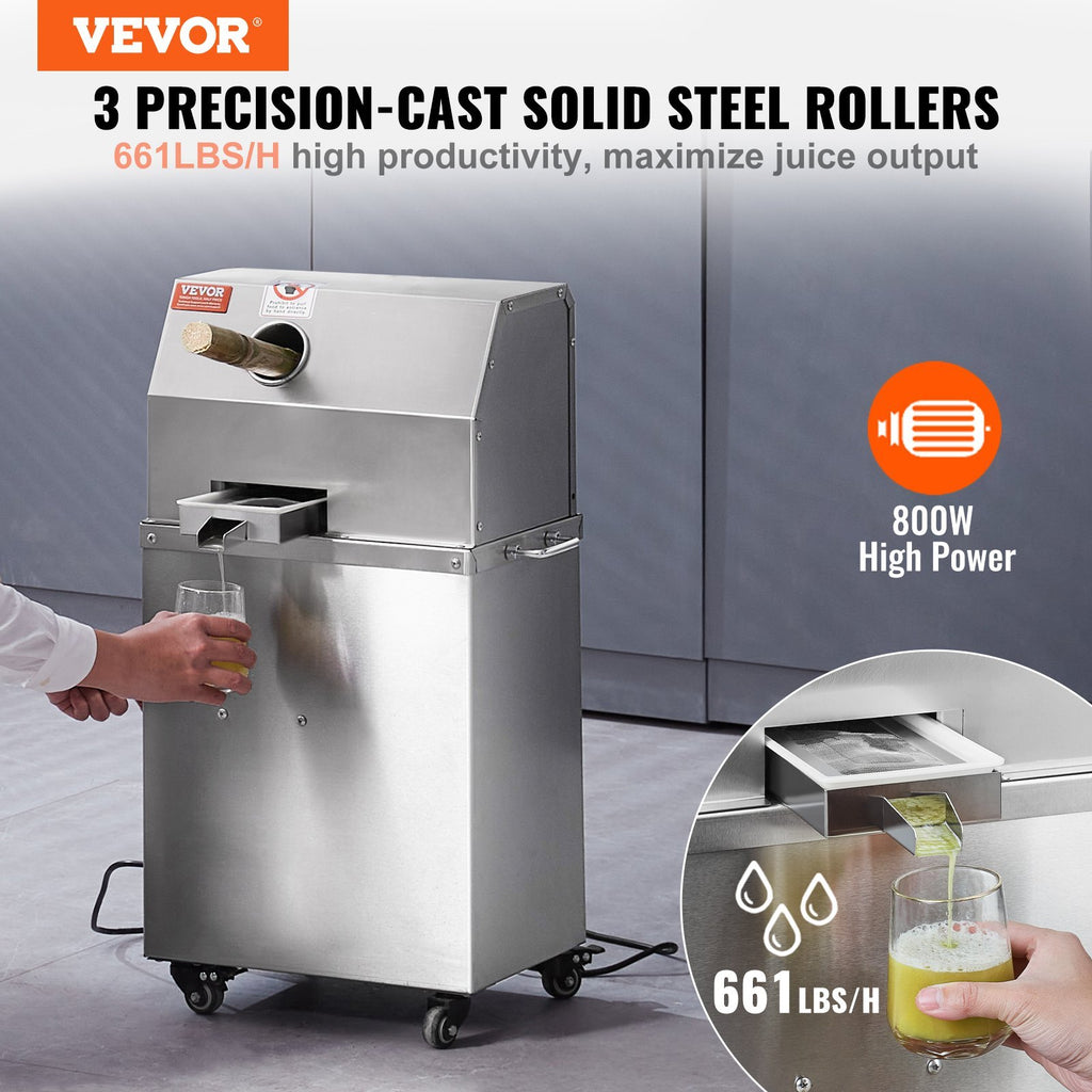 Electric Sugar Cane Juicer, 800W Sugarcane Juicer Machine With 661LBS/H High Output, 3 Stainless Steel Rollers, 2.4" Large Inlet, Sugarcane Juice Extractor Squeezer On Wheels For Home/Commercial