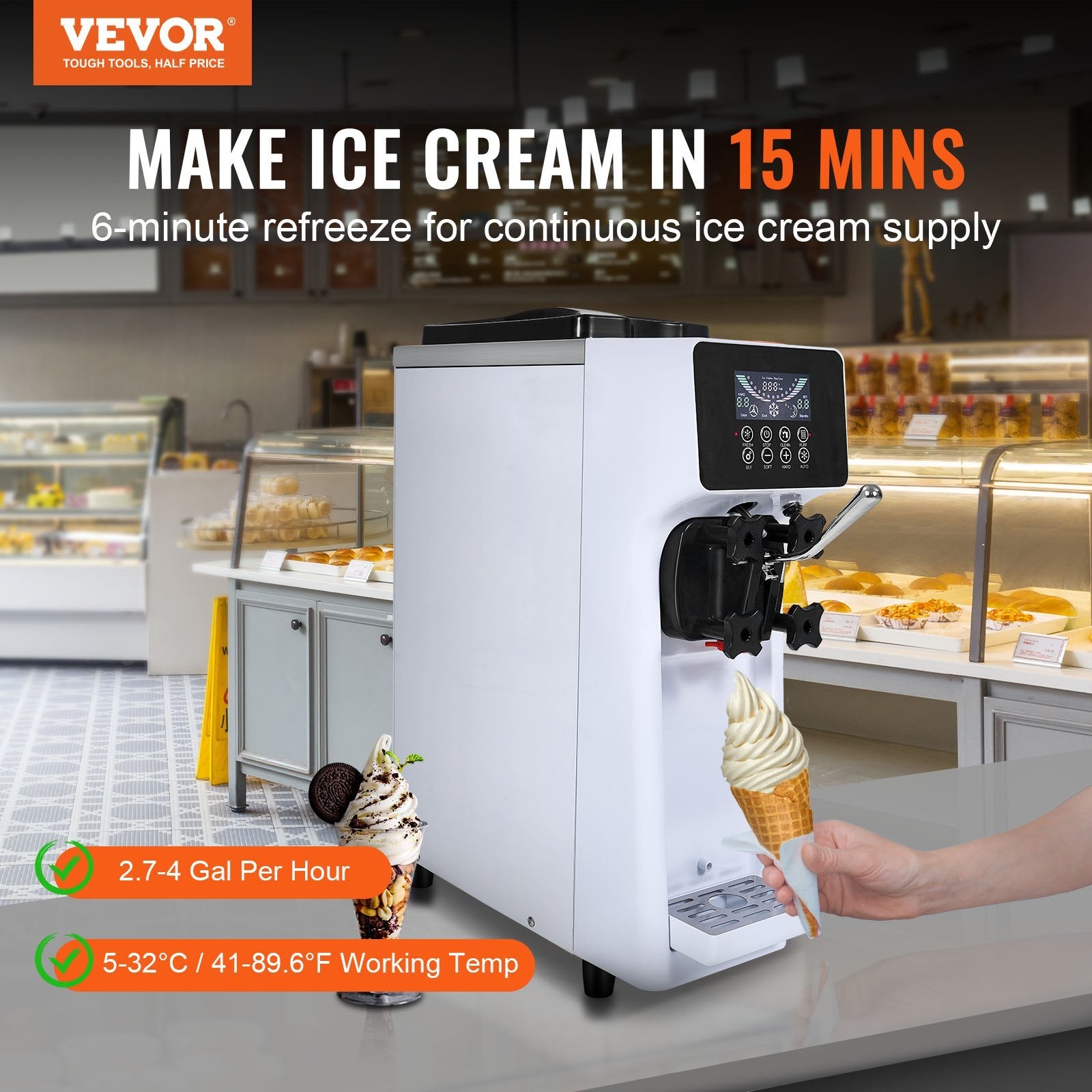 Commercial Ice Cream Machine, 10.6 QT/H Yield, 1000W Single Flavor Countertop Soft Serve Ice Cream Maker, With 4L Hopper 1.6L Cylinder, LCD Panel Auto Clean Pre-cooling, For Restaurant Snack Bar
