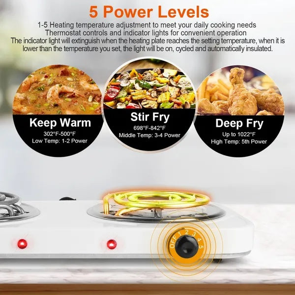 2000W Electric Double Burner Portable Coil Heating Hot Plate Stove Countertop RV Hotplate With Non Slip Rubber Feet 5 Temperature Adjustments