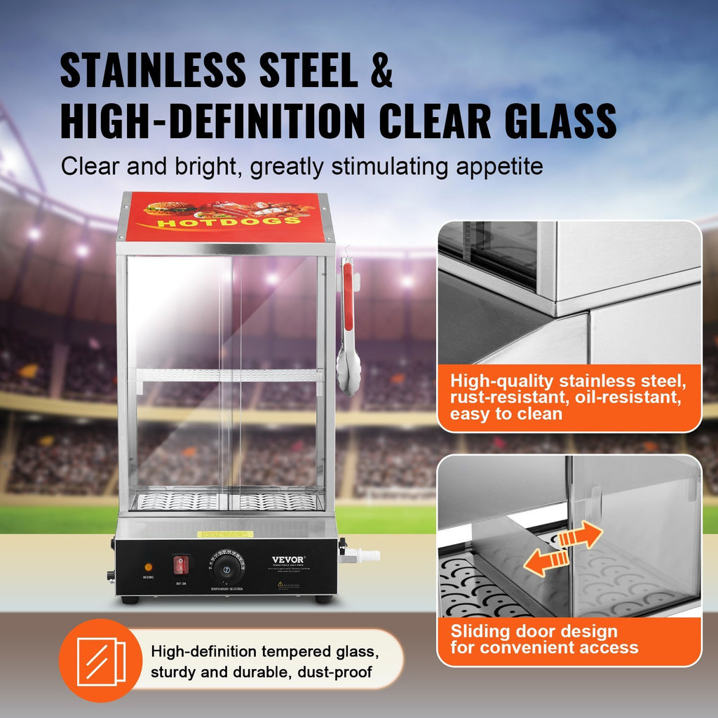 Commercial Hot Dog Steamer 2-Tier Electric Bun Warmer 39QT Slide Doors