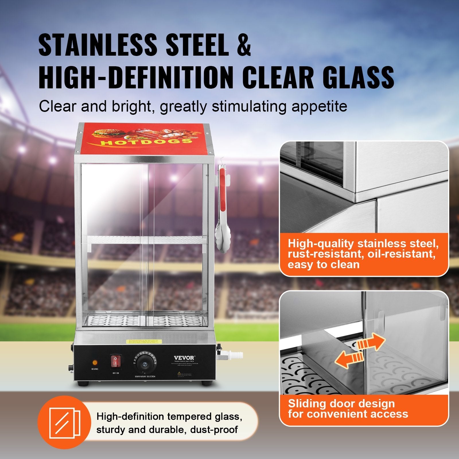 Commercial Hot Dog Steamer 2-Tier Electric Bun Warmer 39QT Slide Doors