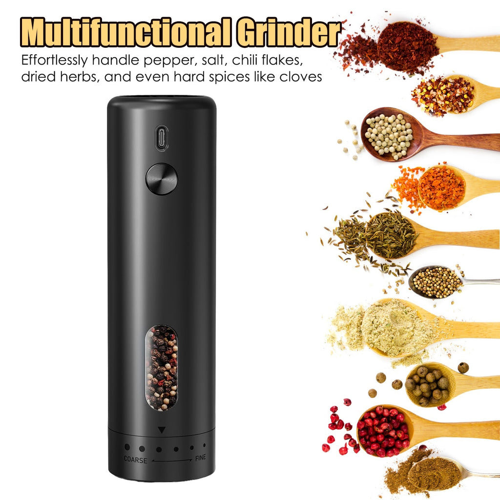 1Pc  Electric Pepper Grinder USB Rechargeable Pepper Mill Automatic Salt Grinder With 6 Adjustable Coarseness LED Light 110ML Container One Hand Operation For Kitchen Essential