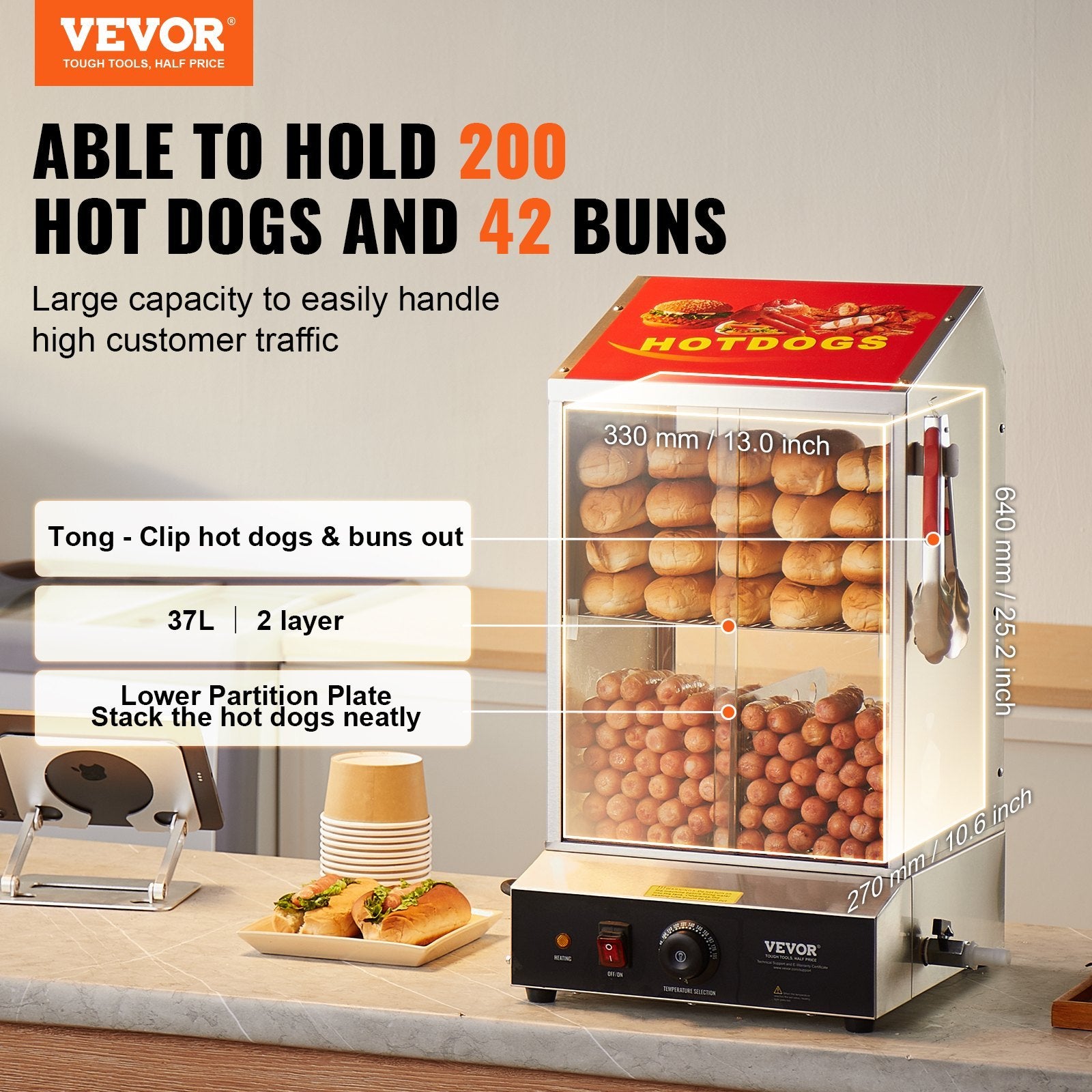 Commercial Hot Dog Steamer 2-Tier Electric Bun Warmer 39QT Slide Doors