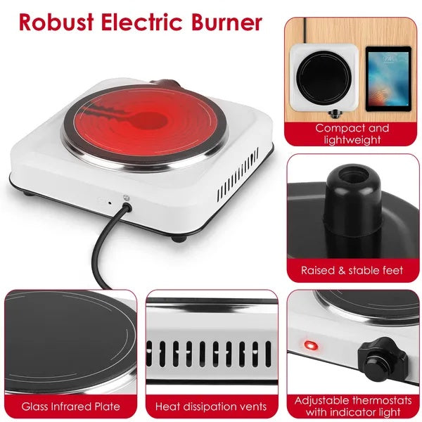 1200W Electric Infrared Single Burner Portable Heating Hot Plate Stove Countertop RV Hotplate With 7.5' Glass Cooktop Stepless Temperature Adjustments For Home RV Camp