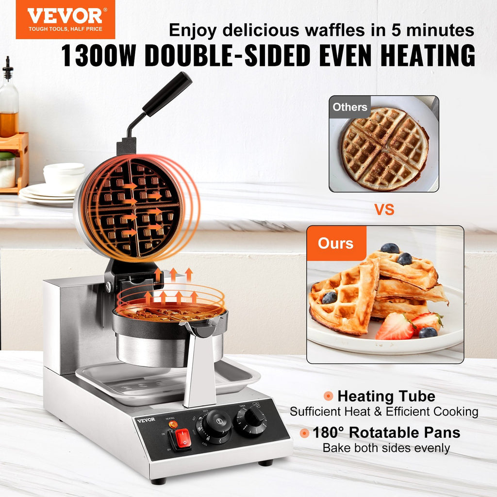 Commerical Round Waffle Maker 1300W Rotatable Non-Stick Waffle Iron 120V