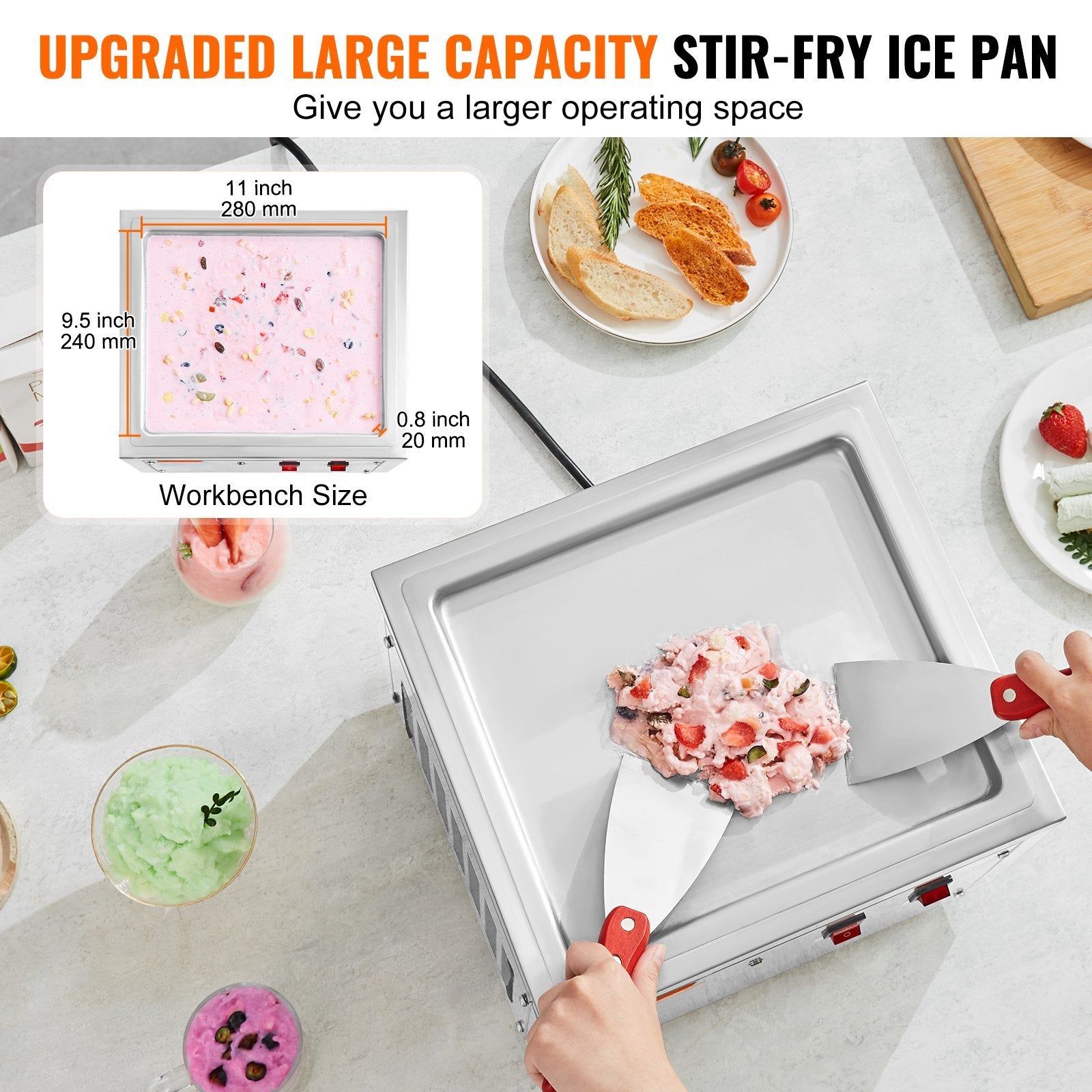 Fried Ice Cream Roll Machine, 11" X 9.5" Stir-Fried Ice Cream Pan, Stainless Steel Rolled Ice Cream Maker With Compressor And 2 Scrapers, For Making Ice Cream, Frozen Yogurt, Ice Cream Rolls