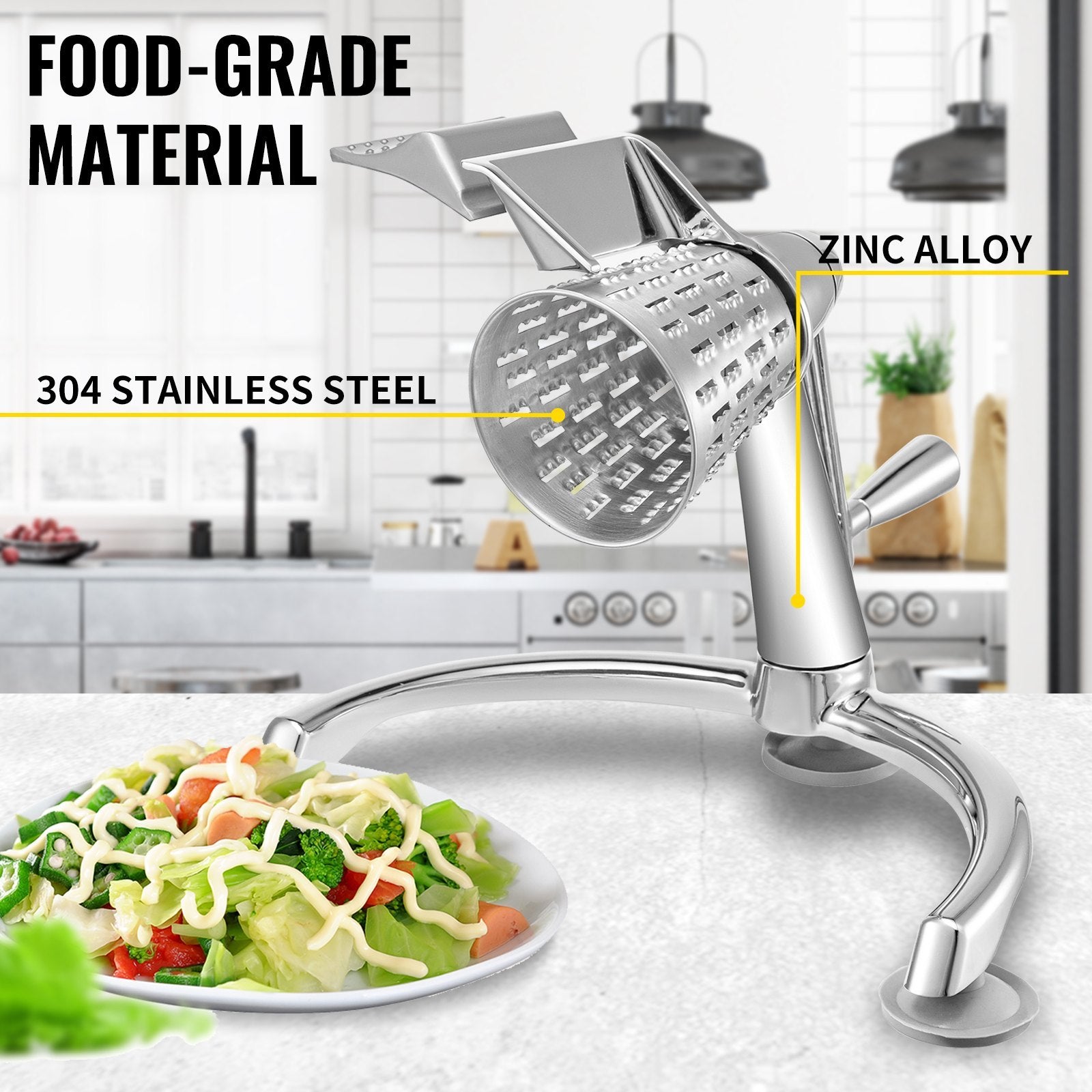 Rotary Cheese Grater, Zinc Alloy Rotary Vegetable Mandoline, Manual Cheese Mandoline W/ 5 Stainless Steel Cutting Cones, Manual Vegetable Grater W/ 2.5L Bowl, Rotary Shredder W/Suction Base