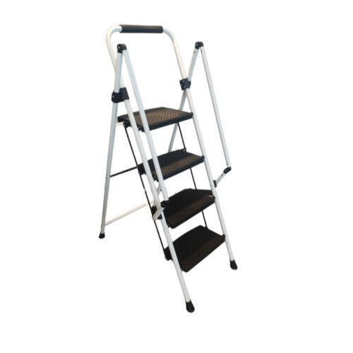 White Four-step Ladder, Light Folding Four-step Stool, Wide Anti-skid Pedal And Safety Handle, Strong Steel Ladder, Multi-purpose Ladder, Applicable To Family, Kitchen, Office Elevator