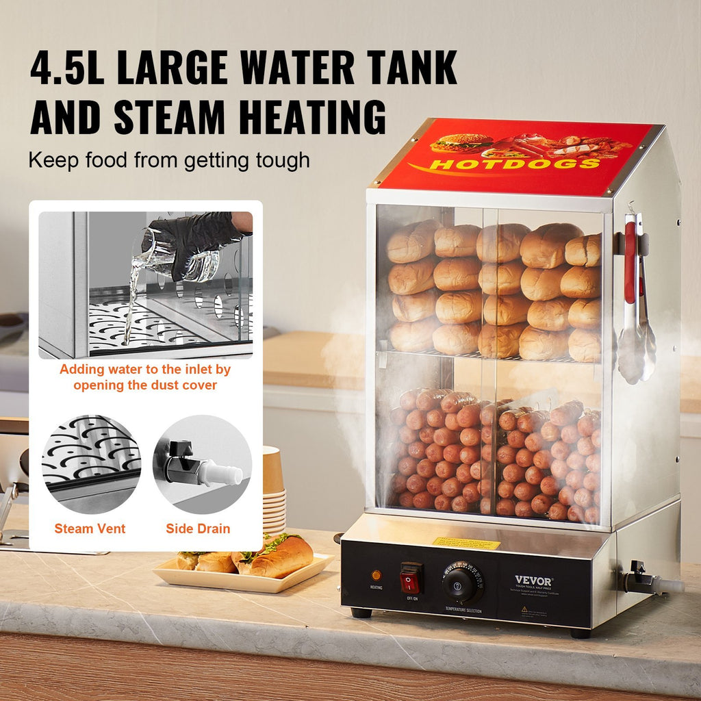 Commercial Hot Dog Steamer 2-Tier Electric Bun Warmer 39QT Slide Doors