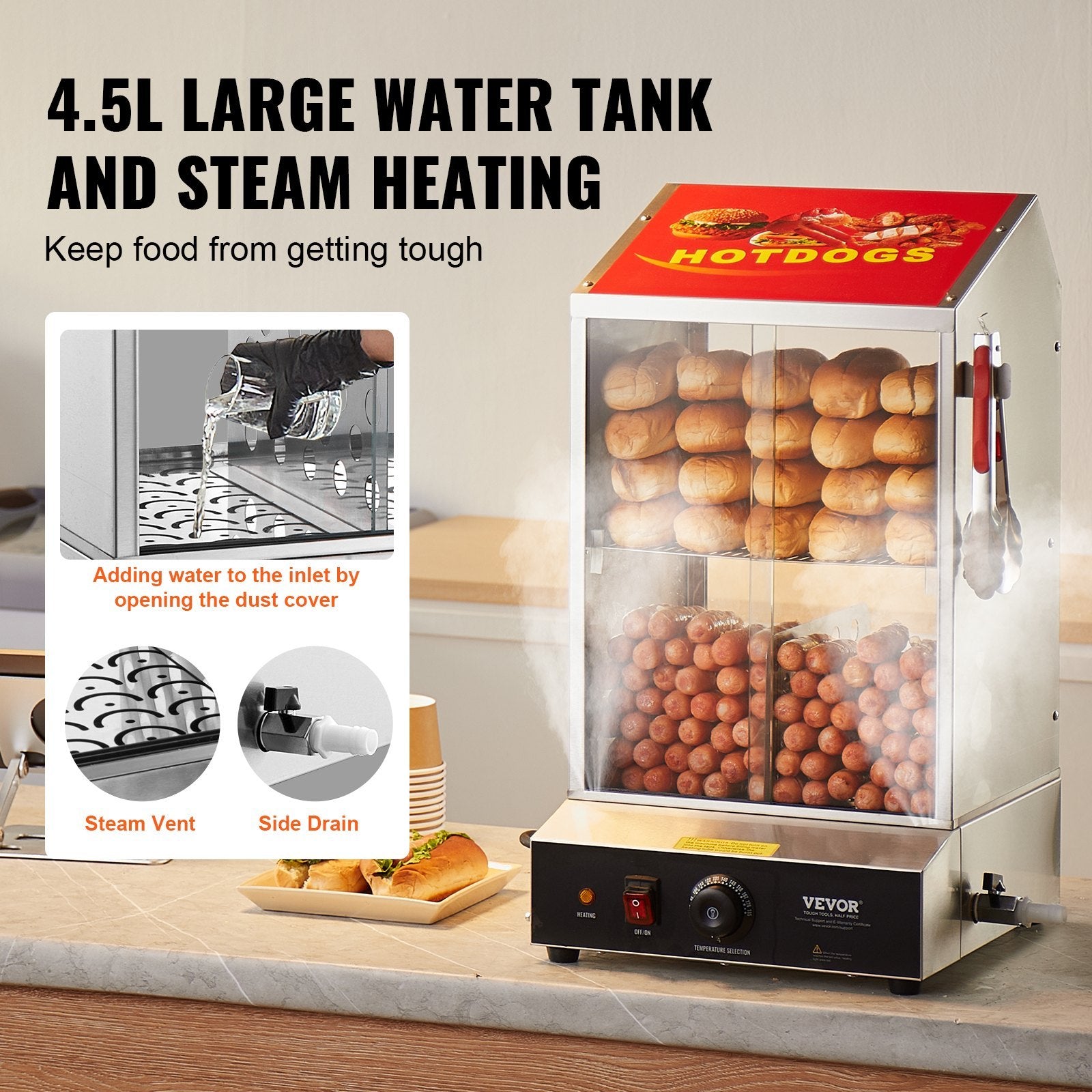 Commercial Hot Dog Steamer 2-Tier Electric Bun Warmer 39QT Slide Doors