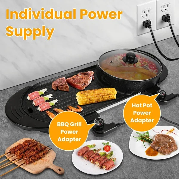 2 In 1 Electric Hot Pot With BBQ Grill Cooker 2200W Smokeless Non-Stick Korean BBQ Grill Shabu Shabu Hot Pot With Independent Temperature Control 5 Gears Firepower For 2-10 People
