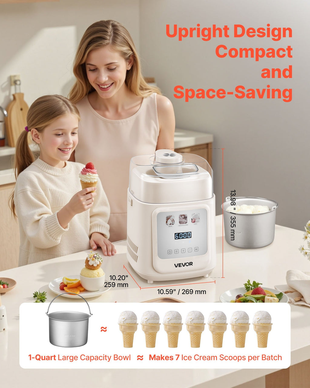 1 Quart Automatic Ice Cream Maker With Built-in Compressor No Pre-freezing