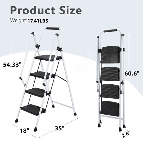 White Four-step Ladder, Light Folding Four-step Stool, Wide Anti-skid Pedal And Safety Handle, Strong Steel Ladder, Multi-purpose Ladder, Applicable To Family, Kitchen, Office Elevator
