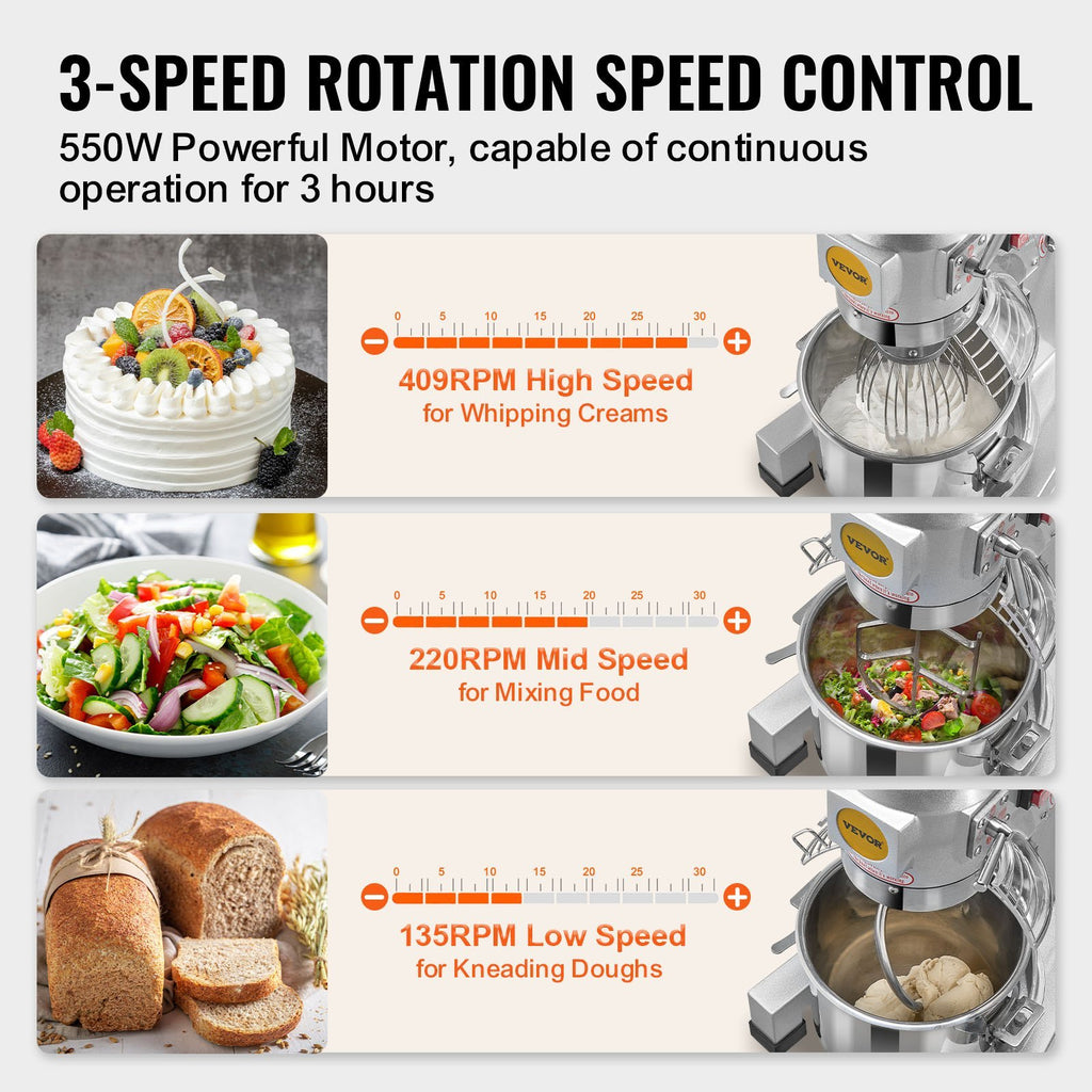 Commercial Food Mixer 10L 3-Speed Stand Dough Mixer 550W For Restaurant