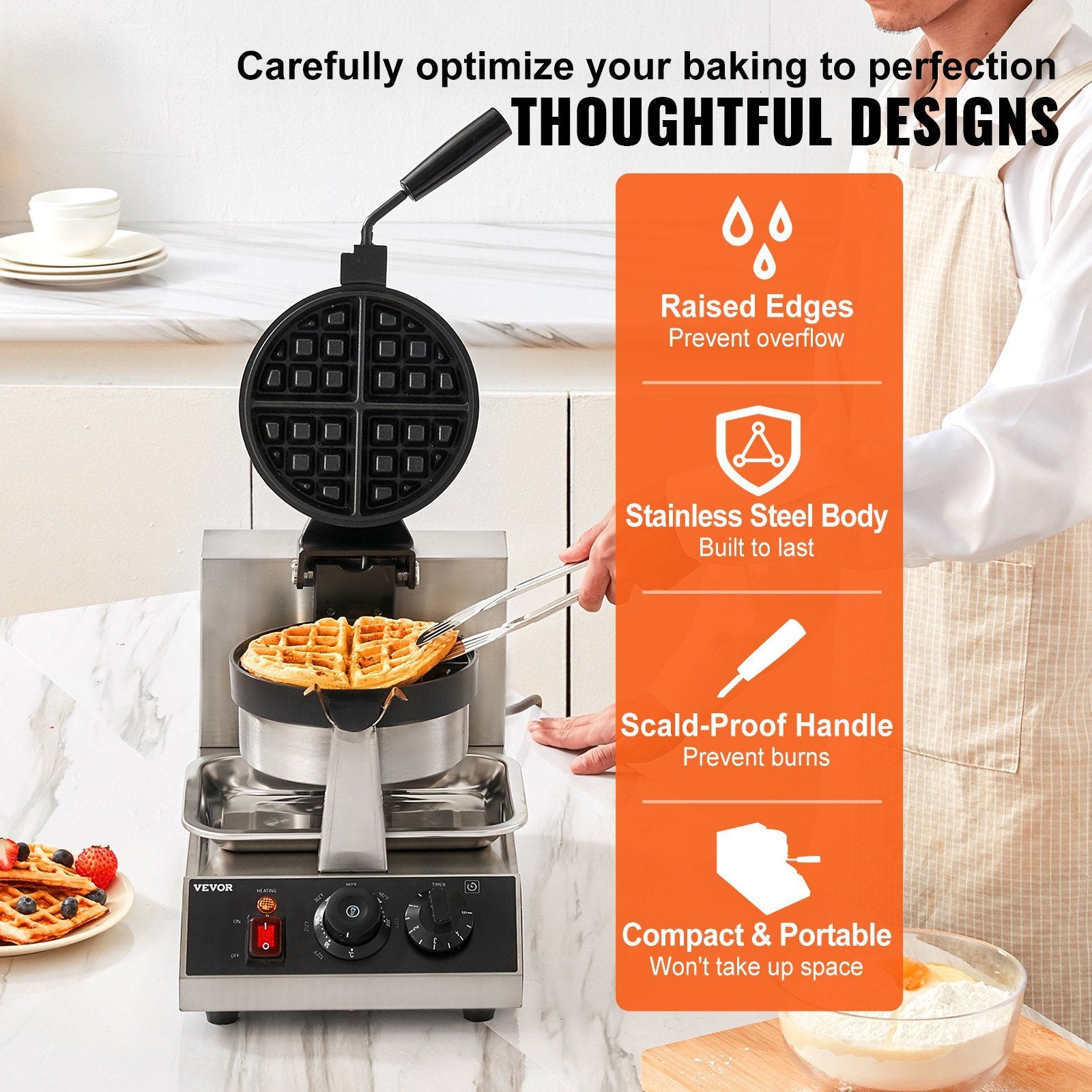 Commerical Round Waffle Maker 1300W Rotatable Non-Stick Waffle Iron 120V