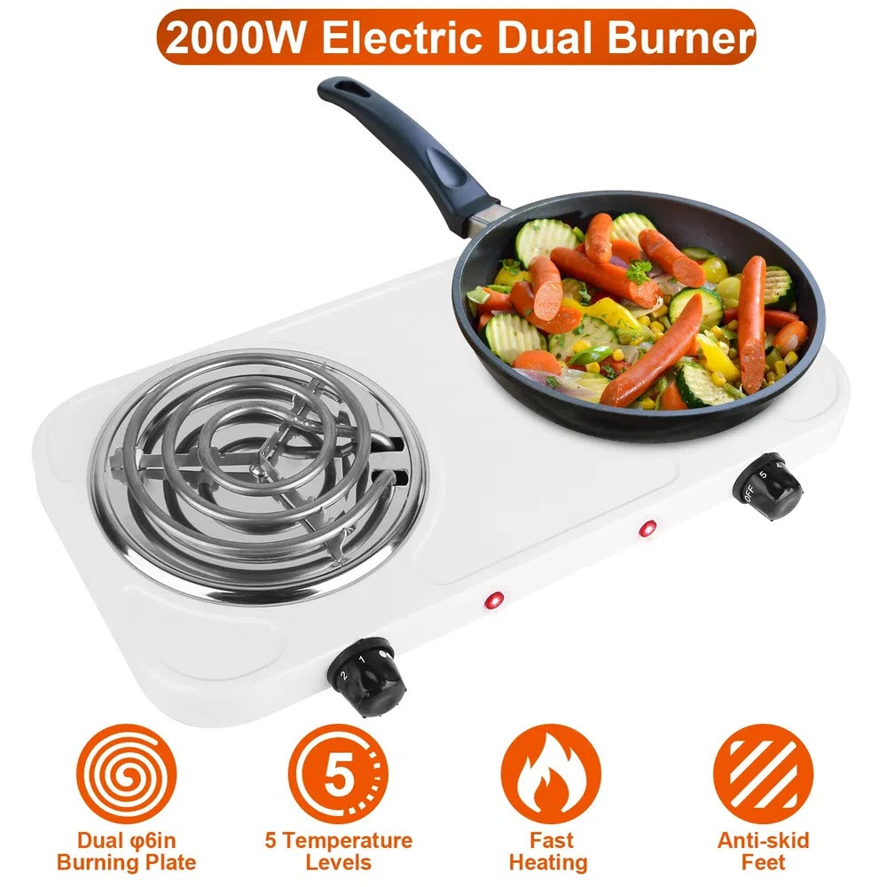 2000W Electric Double Burner Portable Coil Heating Hot Plate Stove Countertop RV Hotplate With Non Slip Rubber Feet 5 Temperature Adjustments