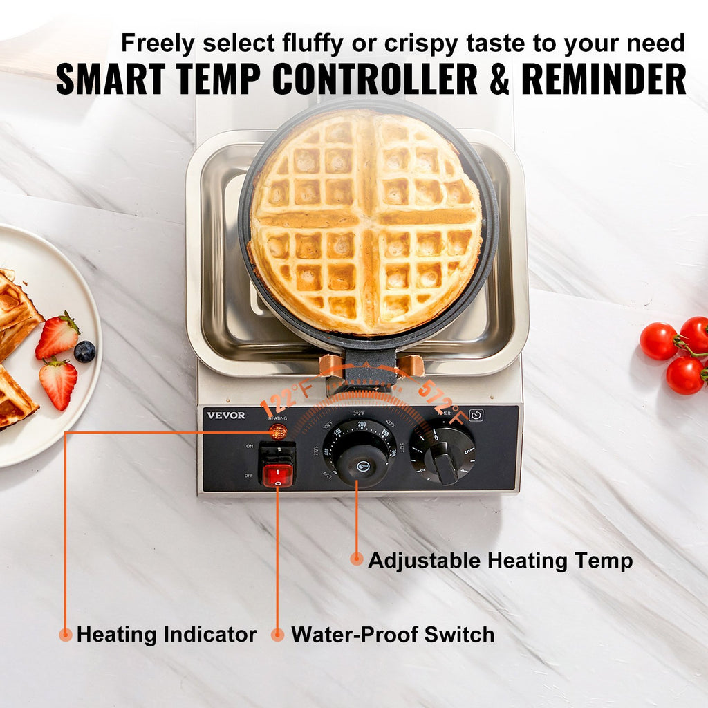 Commerical Round Waffle Maker 1300W Rotatable Non-Stick Waffle Iron 120V